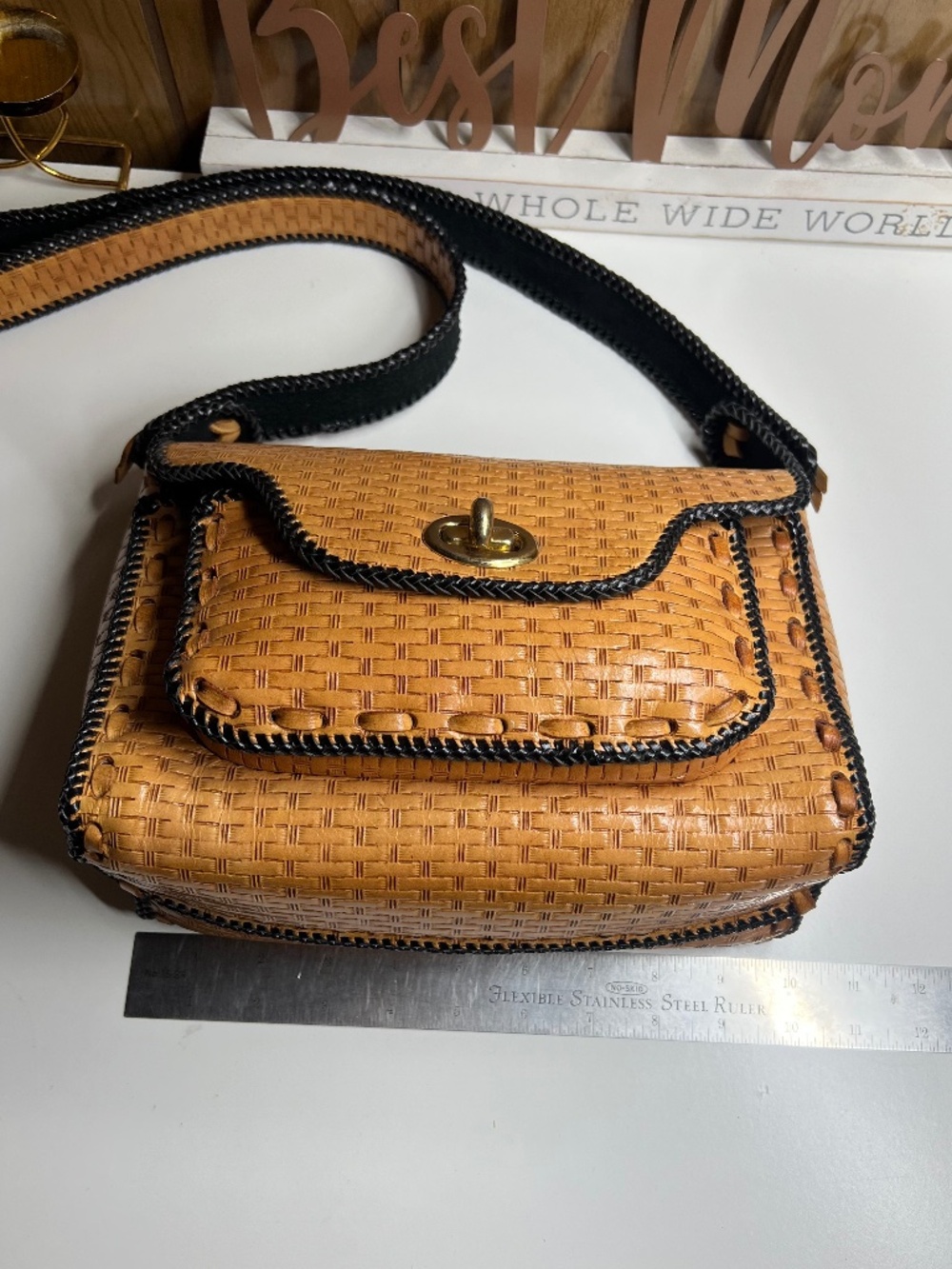 Vintage Y2K Hand Tooled Leather Crossbody Bag Basketweave Black Suede Lining.